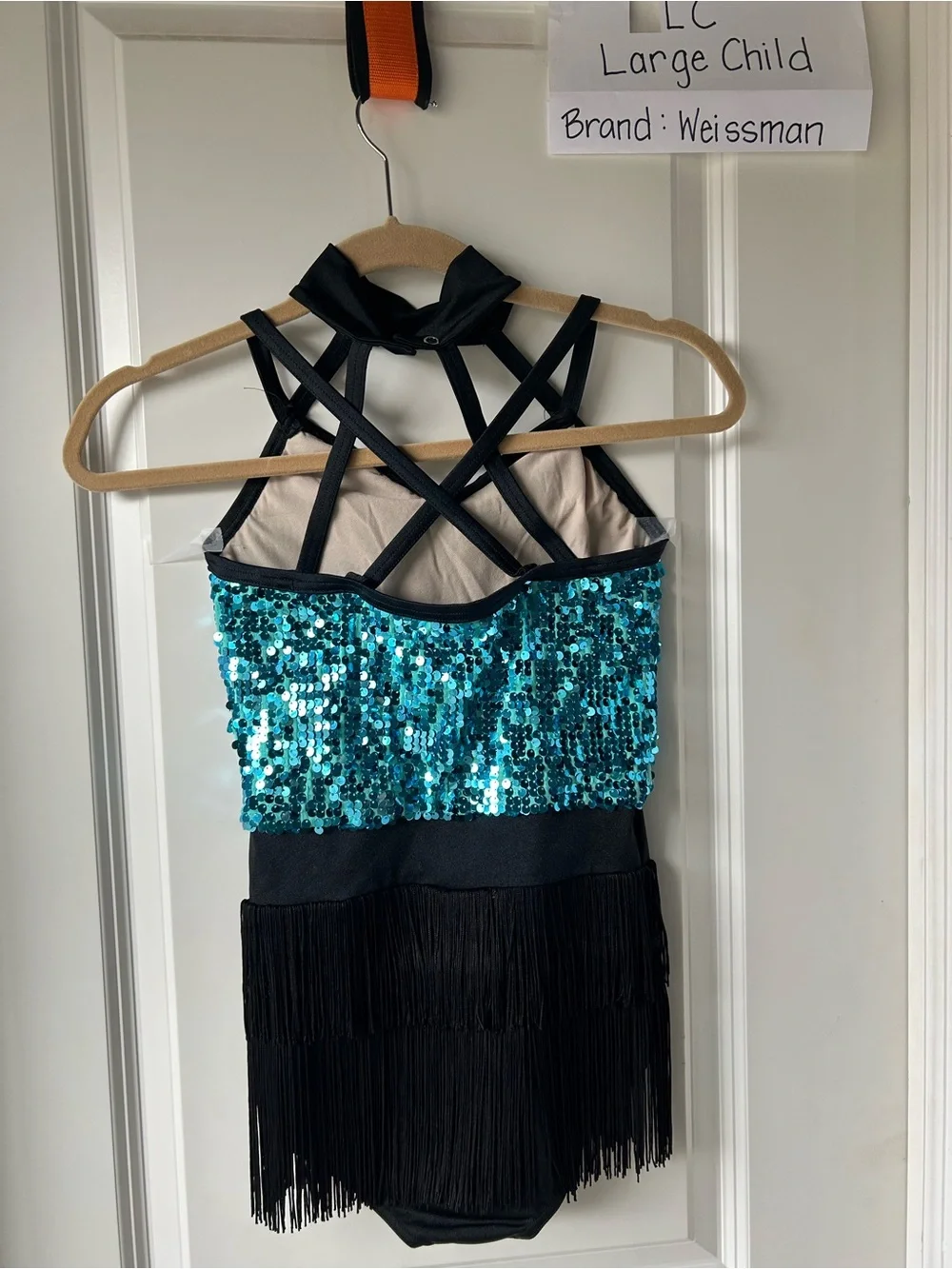 Weissman Teal Sequin Dance Costume with Black Fringe